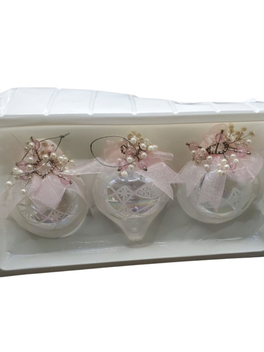 Set Of 3 Clear Glass Christmas Ornaments With Frosted Design Pink Ribbon & Pearl